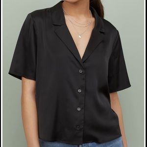 H&M Satin Black Button-Up Short Sleeve Shirt